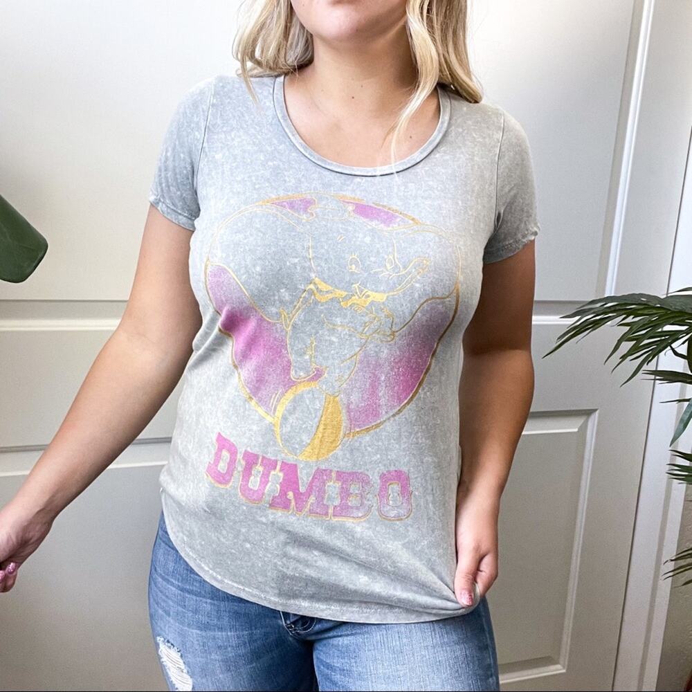 Disney Parks Dumbo T Shirt Gold Foiled Grey Acid Wash Small